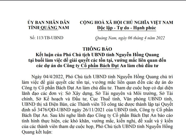 Quảng Nam chỉ đạo giải quyết vướng mắc liên quan đến các dự án của Bách Đạt An Quang Nam chi dao giai quyet vuong mac lien quan den cac du an cua Bach Dat An