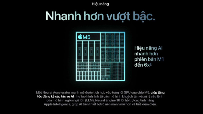 M5 là thế hệ Apple silicon mới tập trung cho AI, với GPU kiến trúc mới có Neural Accelerator trong từng lõi, CPU nhanh hơn và băng thông bộ nhớ cao hơn.