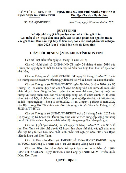 BVDK Kon Tum: 1 nam chi dinh 24/27 goi thau cho Cong ty An Loc Phu