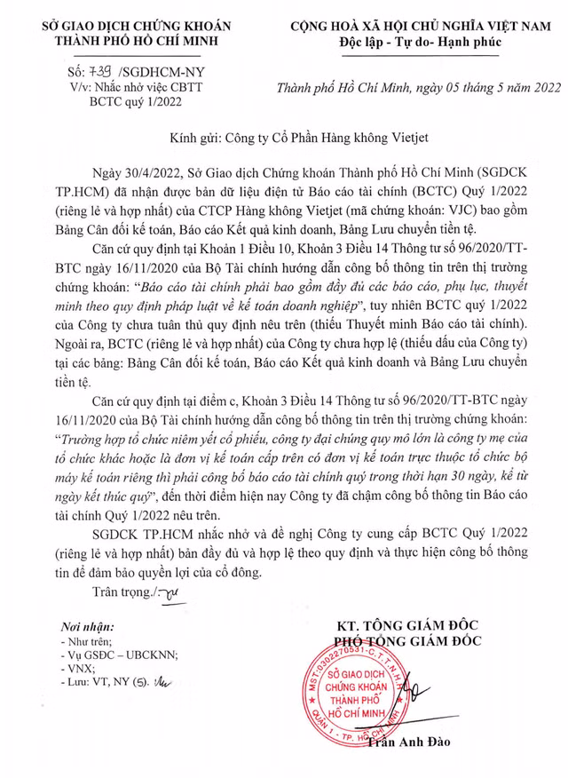 Vietjet bi HoSE nhac nho do cong bo BCTC chua day du