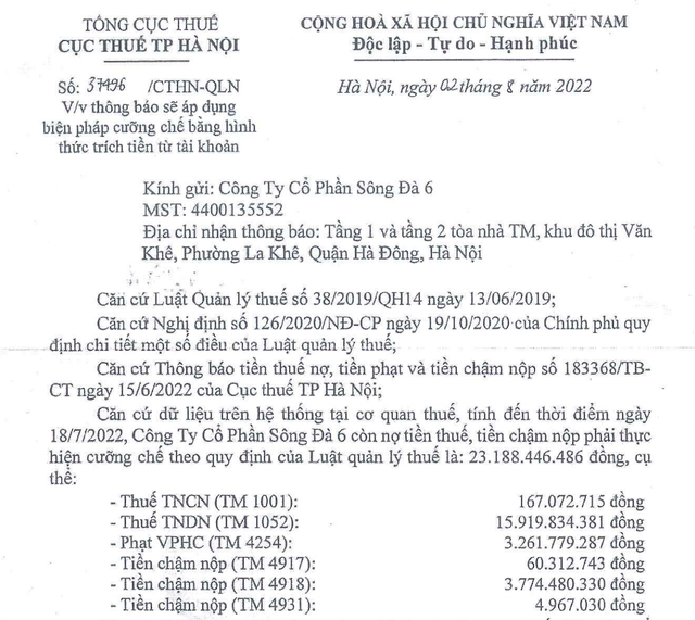 SD6 - thành viên họ Sông Đà bị cưỡng chế thuế hơn 23 tỷ đồng SD6 - thanh vien ho Song Da bi cuong che thue hon 23 ty dong