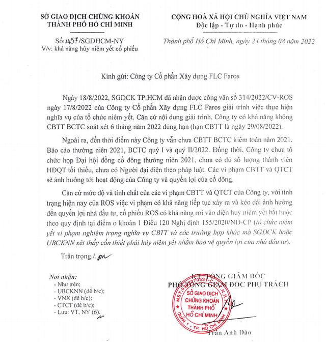 Cổ phiếu ROS có nguy cơ cao bị huỷ niêm yết Co phieu ROS co nguy co cao bi huy niem yet