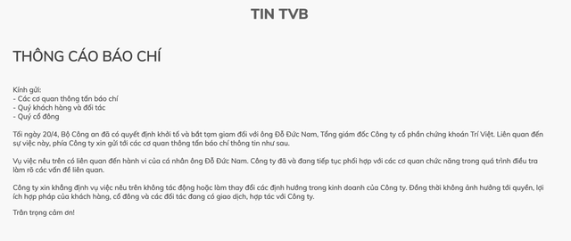 Chứng khoán Trí Việt lên tiếng khi CEO bị bắt với cáo buộc thao túng giá cổ phiếu Chung khoan Tri Viet len tieng khi CEO bi bat voi cao buoc thao tung gia co phieu