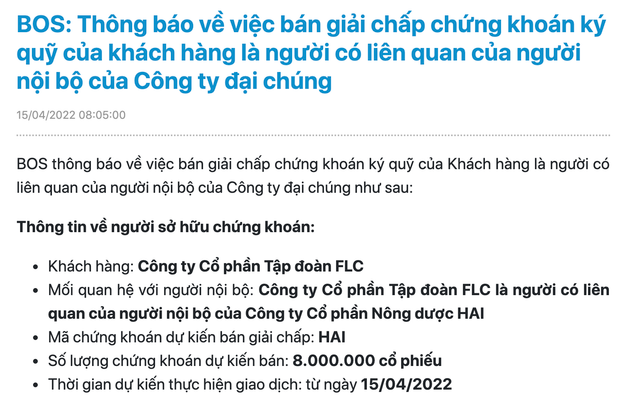 Chứng khoán BOS bán giải chấp 8 triệu cổ phiếu HAI của Tập đoàn FLC Chung khoan BOS ban giai chap 8 trieu co phieu HAI cua Tap doan FLC