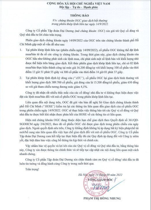 OGC lên tiếng về sự cố phiên giao dịch 14/9 OGC len tieng ve su co phien giao dich 14/9