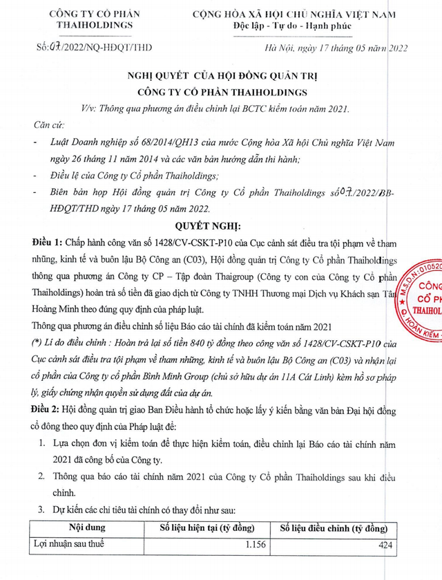 ThaiHoldings của bầu Thuỵ trả lại 840 tỷ đồng cho Tân Hoàng Minh ThaiHoldings cua bau Thuy tra lai 840 ty dong cho Tan Hoang Minh