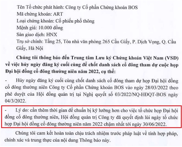 Chứng khoán BOS hủy họp Đại hội cổ đông thường niên 2022 Chung khoan BOS huy hop Dai hoi co dong thuong nien 2022
