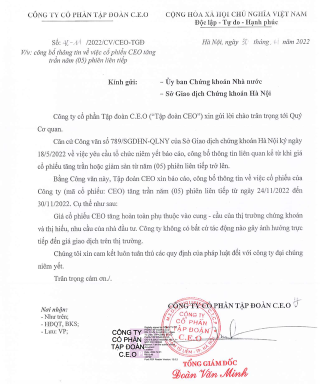 Sau khi về đáy 8.100 đồng, thị giá CEO đã phục hồi và tăng gần 150% Sau khi ve day 8.100 dong, thi gia CEO da phuc hoi va tang gan 150%