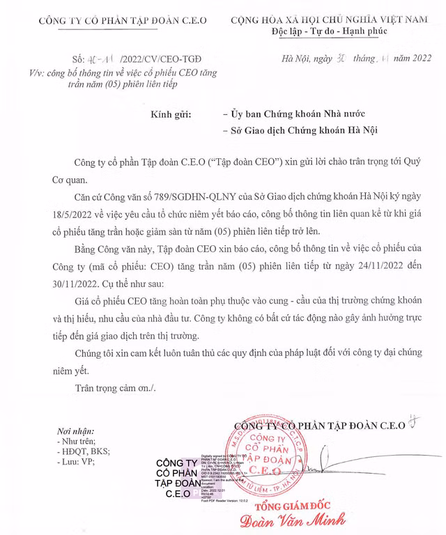 Sau khi ve day 8.100 dong, thi gia CEO da phuc hoi va tang gan 150%