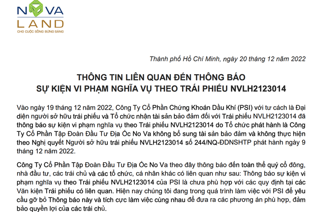 Novaland lên tiếng về sự kiện vi phạm nghĩa vụ một lô trái phiếu, cổ phiếu quay lại nằm sàn Novaland len tieng ve su kien vi pham nghia vu mot lo trai phieu, co phieu quay lai nam san