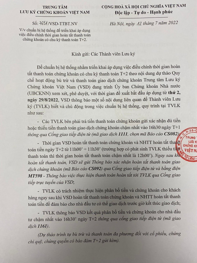 Dự kiến nhà đầu tư được giao dịch T+2 từ ngày 29/8 Du kien nha dau tu duoc giao dich T+2 tu ngay 29/8