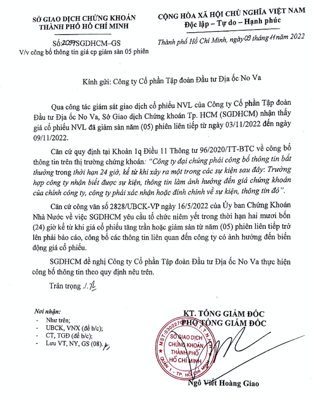 NVL giảm sàn 5 phiên liên tiếp, HoSE yêu cầu công ty giải trình NVL giam san 5 phien lien tiep, HoSE yeu cau cong ty giai trinh