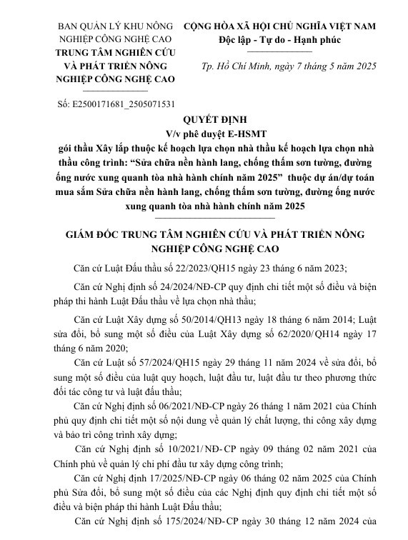 Mời thầu 3 gói xây lắp tại TT Nghiên cứu và Phát triển Nông nghiệp Công nghệ cao Moi thau 3 goi xay lap tai TT Nghien cuu va Phat trien Nong nghiep Cong nghe cao