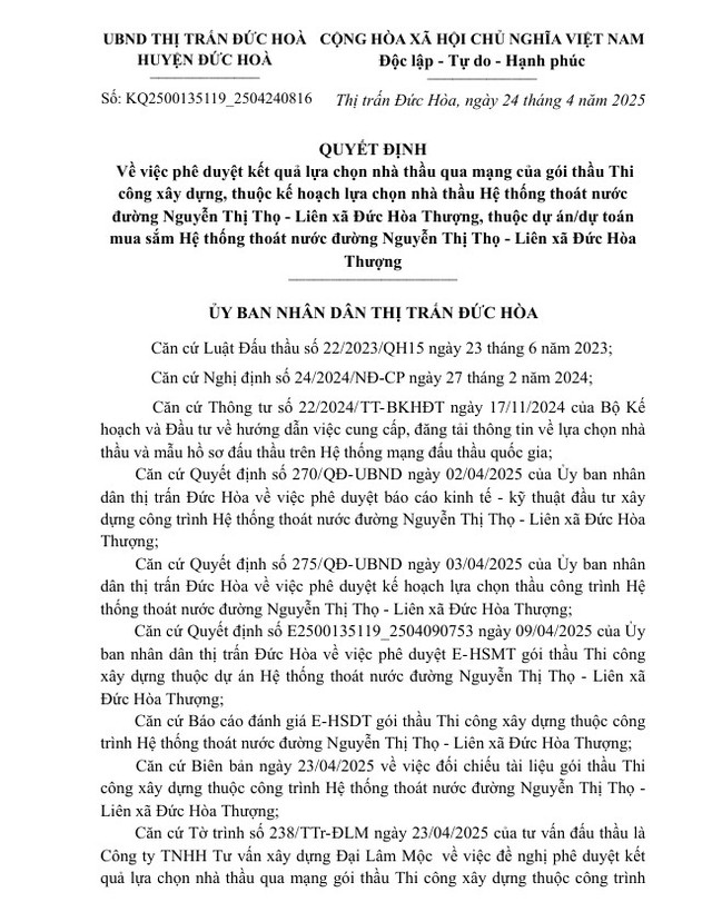 Long An: Đức Hòa Đức Minh trúng gói thầu hệ thống thoát nước hơn 4,8 tỷ Long An: Duc Hoa Duc Minh trung goi thau he thong thoat nuoc hon 4,8 ty