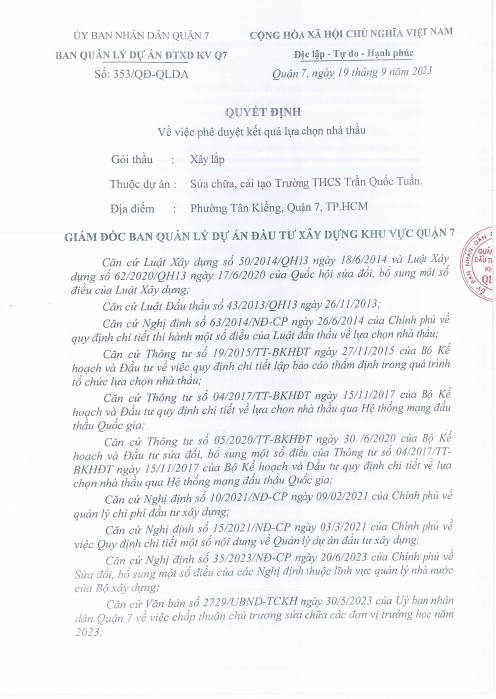 TP. HCM: HTX Xay dung Thuong mai Q.7 1 thang trung 8 goi thau