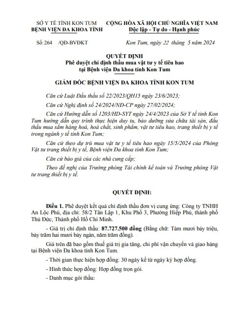 BVDK Kon Tum chi dinh 47/65 goi thau cho An Loc Phu