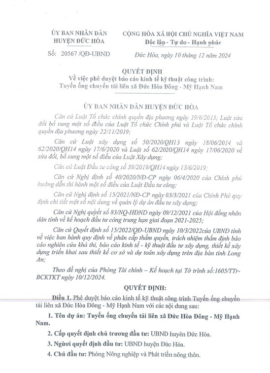 Long An: Phong NN&MT Duc Hoa tim nha thau 4 goi xay lap