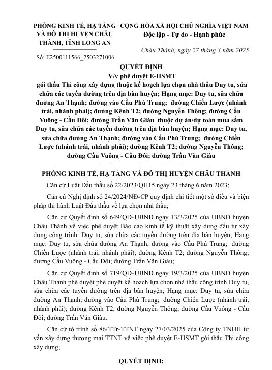 Mo thau 2 goi duy tu, sua chua cac tuyen duong tren dia ban huyen Chau Thanh