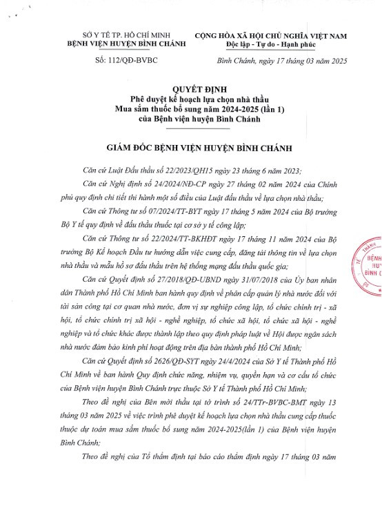 BV Bình Chánh chi gần 13 tỷ mua thuốc bổ sung năm 2024-2025 BV Binh Chanh chi gan 13 ty mua thuoc bo sung nam 2024-2025