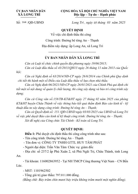 Cong ty Huy Tam Phat duoc chi dinh 12 goi thau/nam tai Long An