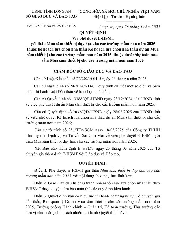 Long An: Tim nha thau cung cap thiet bi day hoc cho cac truong mam non