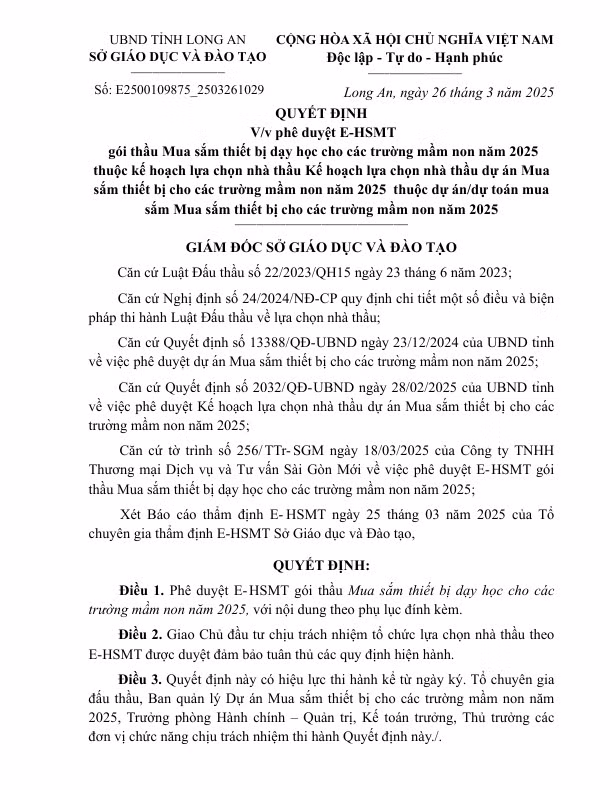 Long An: Tim nha thau cung cap thiet bi day hoc cho cac truong mam non