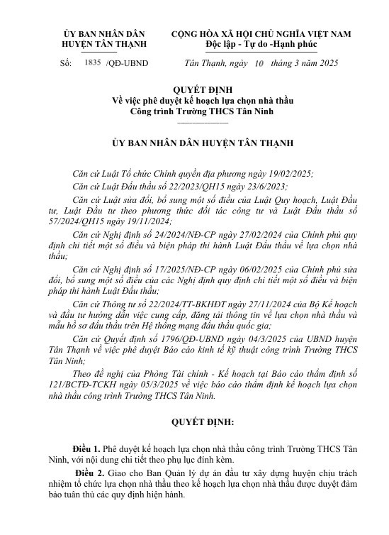 Long An: Huyen Tan Thanh dang tim nha thau thi cong 2 truong THCS