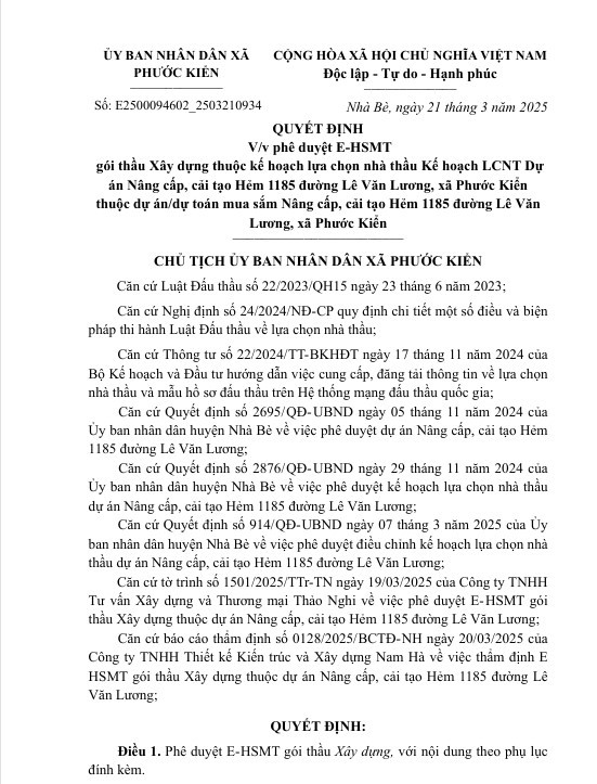 Xã Phước Kiển mời thầu 3 gói thi công nâng cấp, cải tạo hẻm Xa Phuoc Kien moi thau 3 goi thi cong nang cap, cai tao hem