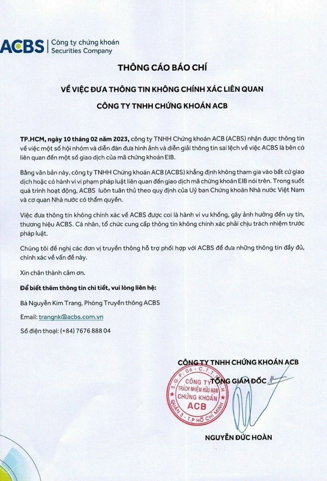 EIB đột ngột nằm sàn ATC phiên 10/2, ACBS khẳng định không liên quan EIB dot ngot nam san ATC phien 10/2, ACBS khang dinh khong lien quan