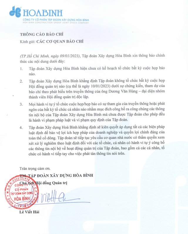 Lùm xùm tại Tập đoàn Hòa Bình: Ông Lê Viết Hải khẳng định không tổ chức họp HĐQT ngày 10/1 Lum xum tai Tap doan Hoa Binh: Ong Le Viet Hai khang dinh khong to chuc hop HDQT ngay 10/1