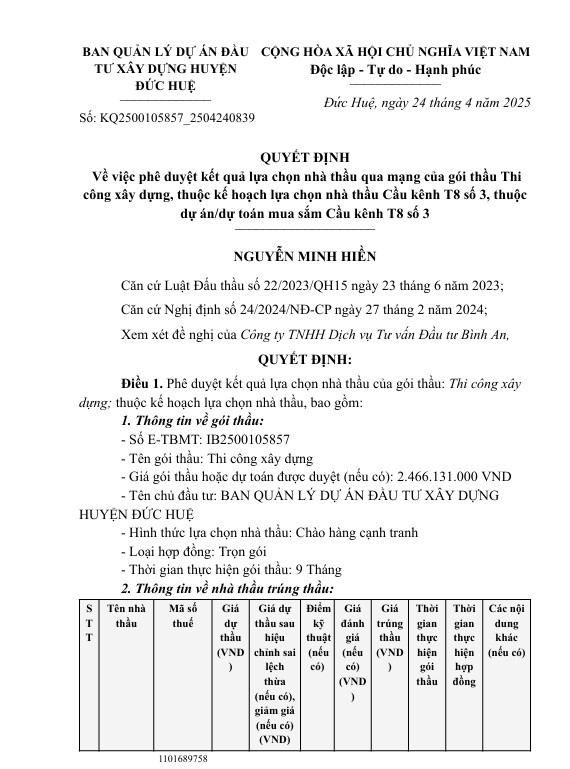 Long An: Cong ty Ngan Hong Phat trung goi thi cong cau kenh T8 so 3