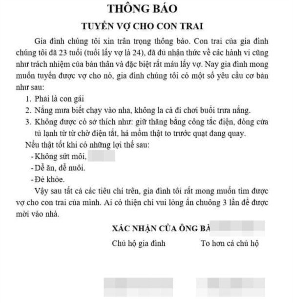 Bà mẹ bá đạo dán thông báo tuyển vợ cho con trai 23 tuổi - Hình 2 Ba me ba dao dan thong bao tuyen vo cho con trai 23 tuoi-Hinh-2