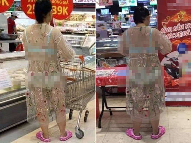 Nguoi phu nu mac do nhu khong mac, lo het noi y giua sieu thi dong nguoi