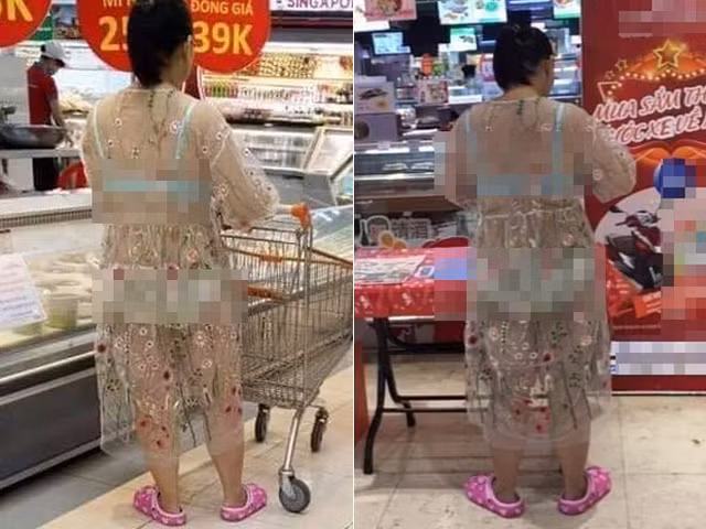 Nguoi phu nu mac do nhu khong mac, lo het noi y giua sieu thi dong nguoi
