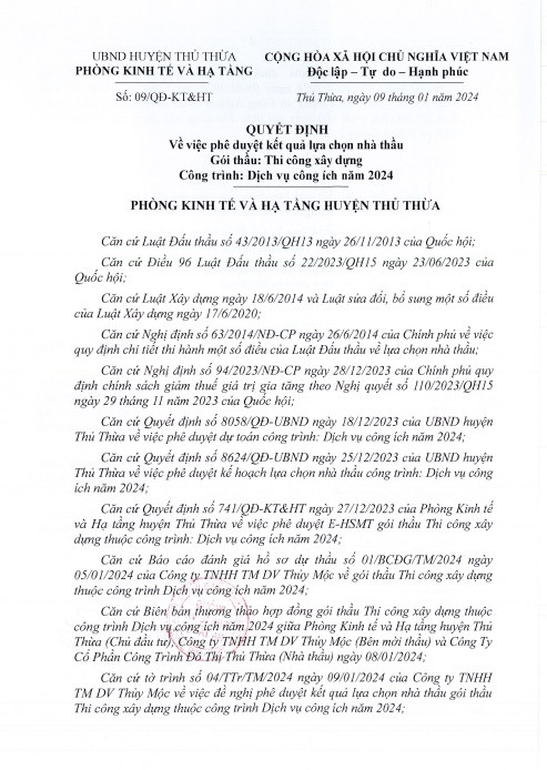 Công ty đô thị Thủ Thừa 1 ngày trúng 2 gói thầu tại Phòng KT&HT Cong ty do thi Thu Thua 1 ngay trung 2 goi thau tai Phong KT&HT