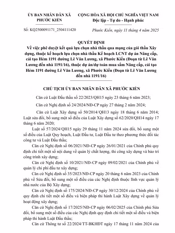 TP HCM: Cty Quynh Lam trung 2 goi thau tai UBND xa Phuoc Kien