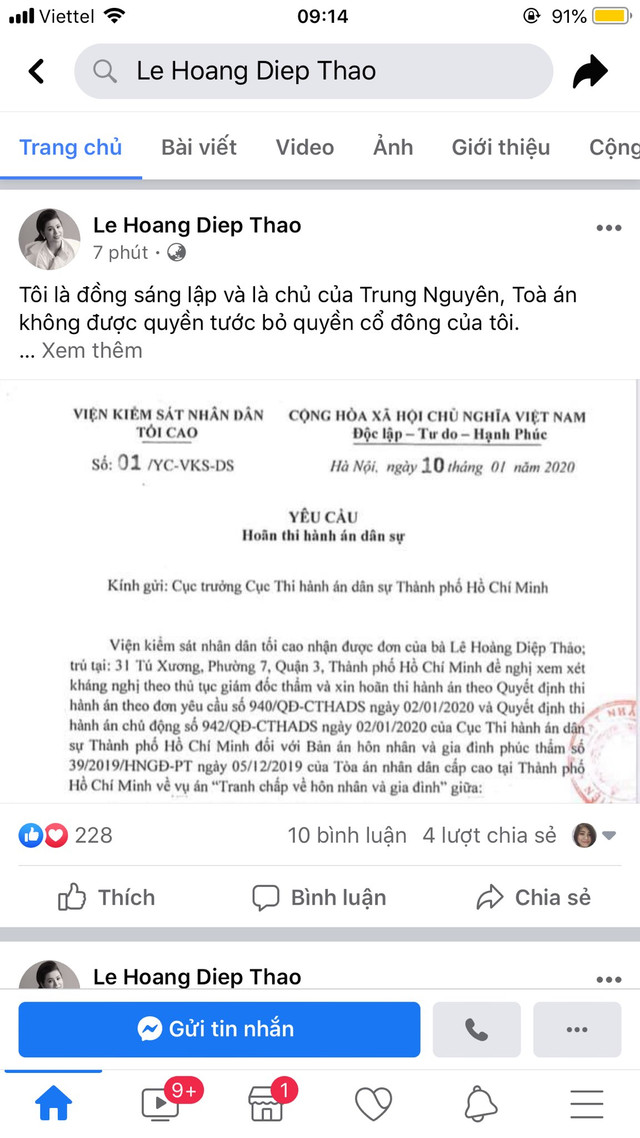 Bà Lê Hoàng Diệp Thảo yêu cầu toà án không được tước bỏ quyền cổ đông ở Trung Nguyên Ba Le Hoang Diep Thao yeu cau toa an khong duoc tuoc bo quyen co dong o Trung Nguyen