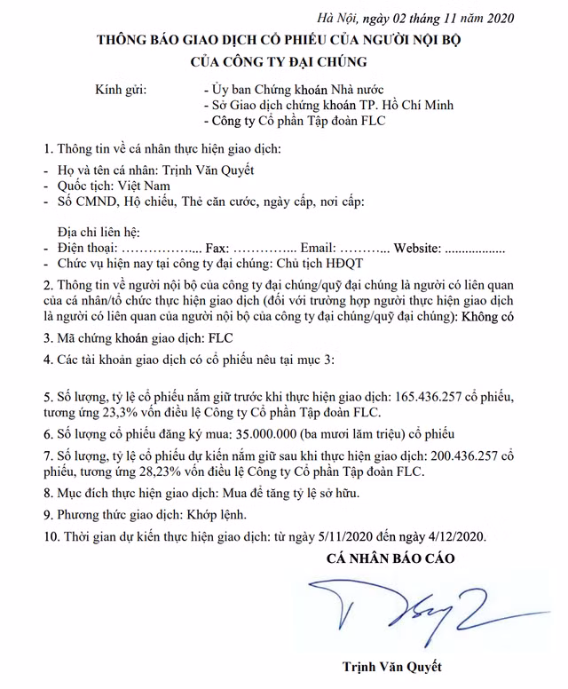 Ong Trinh Van Quyet sap gom them 35 trieu co phieu FLC