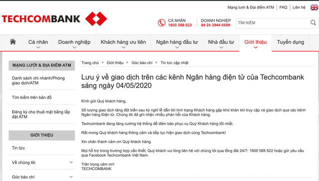 Hệ thống tê liệt, khách hàng Techcombank không thể giao dịch điện tử? - Hình 2 He thong te liet, khach hang Techcombank khong the giao dich dien tu?-Hinh-2