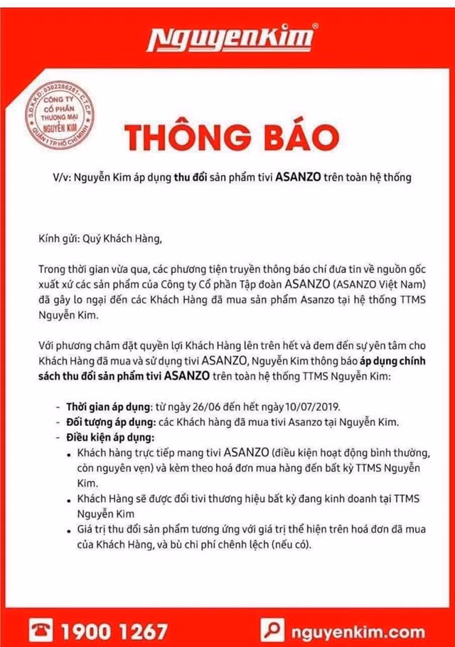 Vu Asanzo doi lot hang Viet Nam: Nguyen Kim thu hoi, doi moi toan bo tivi hieu Asanzo cho khach hang