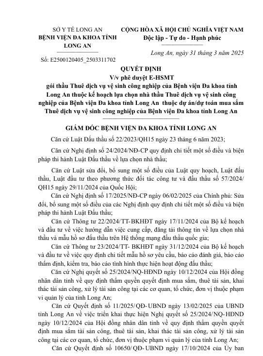 Gần 6 tỷ thuê dịch vụ vệ sinh tại BV Đa khoa Long An Gan 6 ty thue dich vu ve sinh tai BV Da khoa Long An
