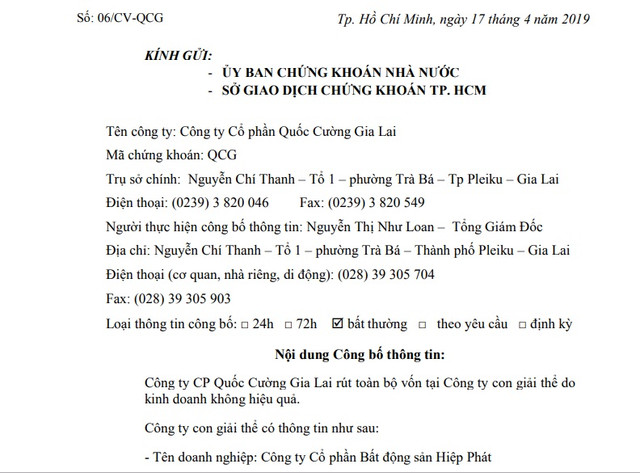 Kinh doanh không hiệu quả, Quốc Cường Gia Lai giải thể công ty con Kinh doanh khong hieu qua, Quoc Cuong Gia Lai giai the cong ty con