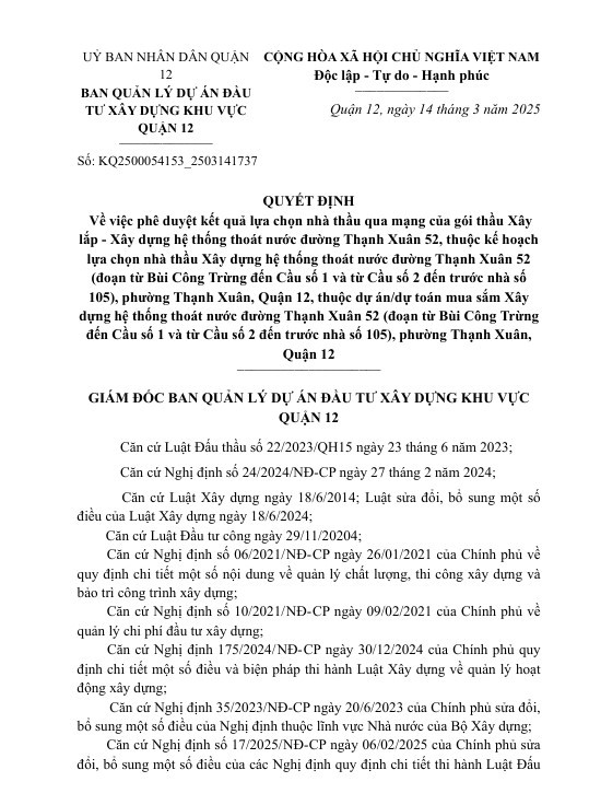 Ban QLDA DTXD duyet cho Cty Hieu An Phuong thi cong he thong thoat nuoc duong Thanh Xuan 52