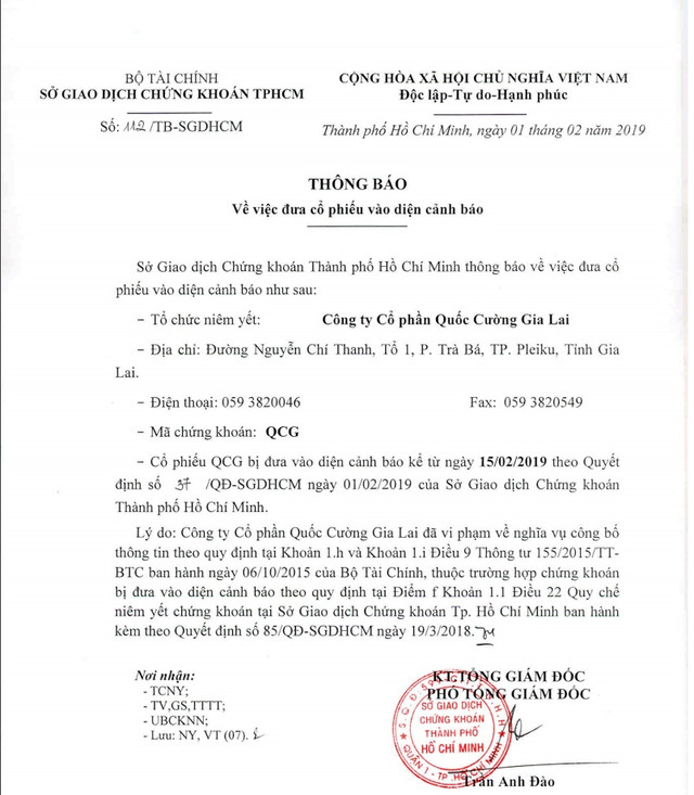 Đầu năm, cổ phiếu Quốc Cường Gia Lai đã dính "vận đen" bị cảnh báo Dau nam, co phieu Quoc Cuong Gia Lai da dinh