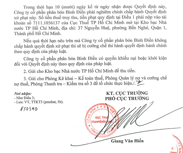 Phân bón Bình Điền bị phạt và truy thu hơn 2,6 tỷ đồng do khai sai thuế Phan bon Binh Dien bi phat va truy thu hon 2,6 ty dong do khai sai thue