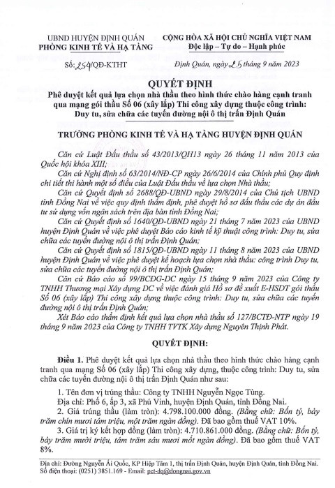 Công ty Ngọc Tùng 1 ngày trúng 3 gói thầu tại huyện Định Quán Cong ty Ngoc Tung 1 ngay trung 3 goi thau tai huyen Dinh Quan