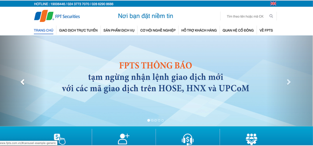 FPTS gặp lỗi và ngưng nhận lệnh giao dịch mới trên HoSE, HNX, UPCoM FPTS gap loi va ngung nhan lenh giao dich moi tren HoSE, HNX, UPCoM