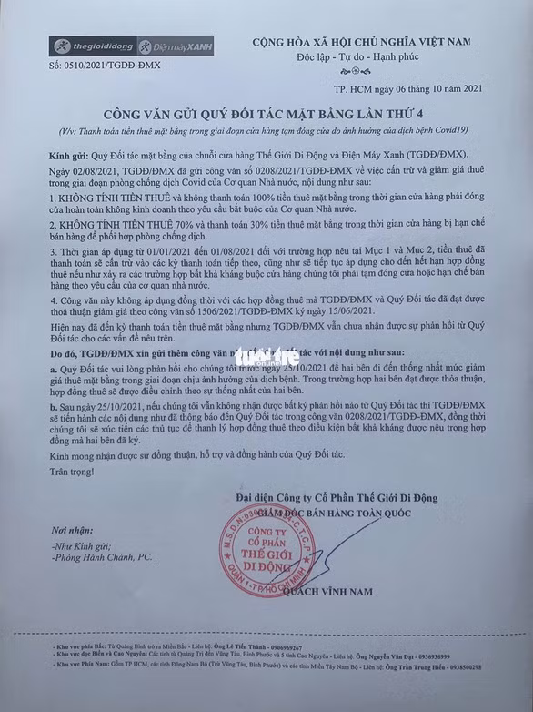 The Gioi Di Dong gui van ban den doi tac buoc giam tien thue hoac thanh ly mat bang
