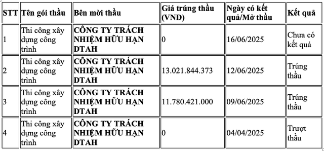 Bảng: Hoạt động đấu thầu của Công ty Trường Thắng trong năm 2025 (tính đến 20/08/2025).