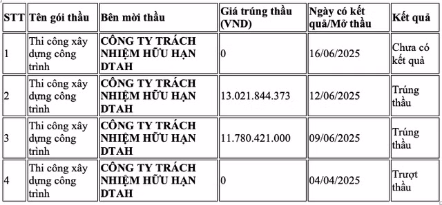 Bảng: Hoạt động đấu thầu của Công ty Trường Thắng trong năm 2025 (tính đến 20/08/2025).